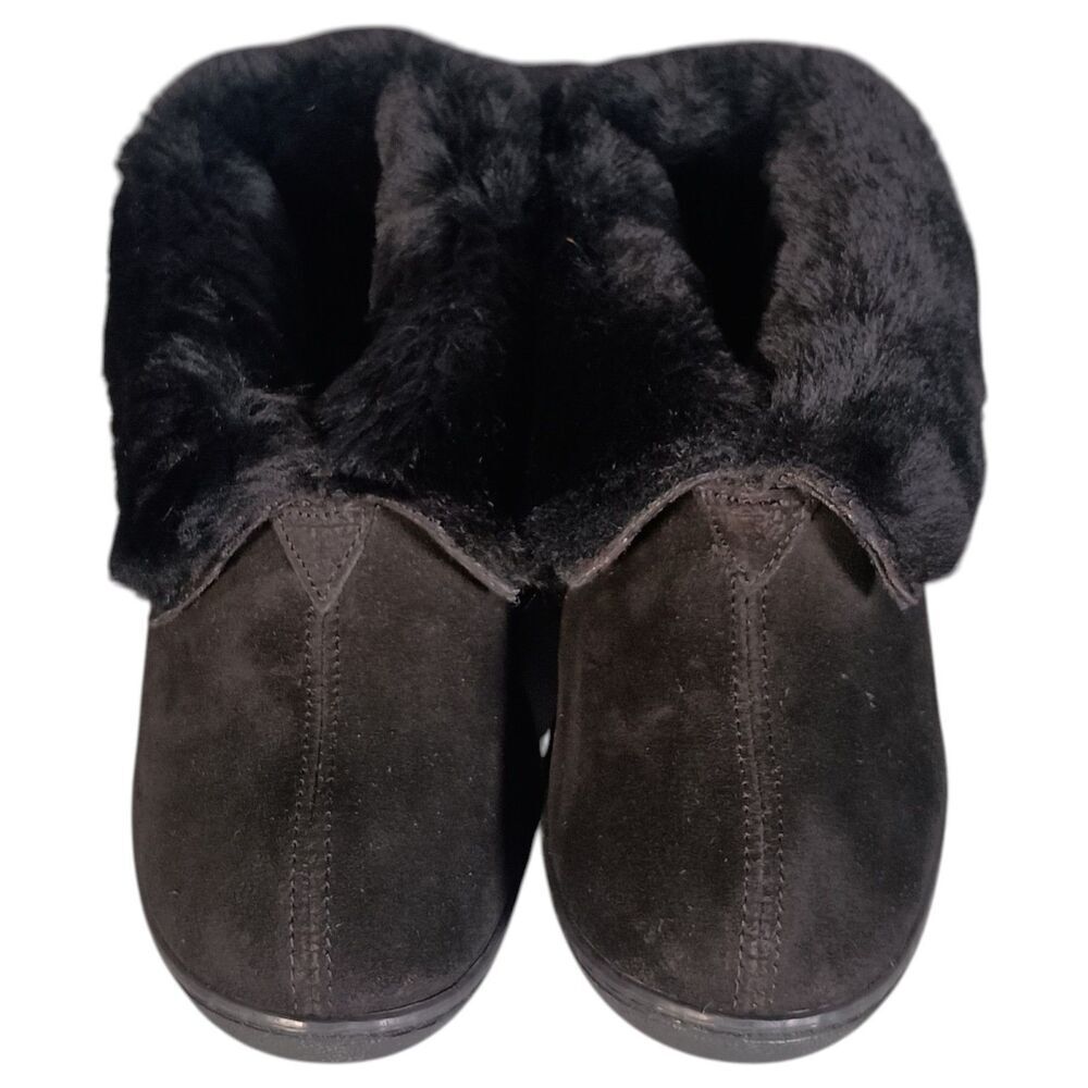 Minnetonka Suede Real Sheepskin Slipper Boots Womens 10 Black Fur Lining - Picture 5 of 14